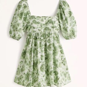 Ruched Bodice Puff Sleeve Green Summer Mini Dress